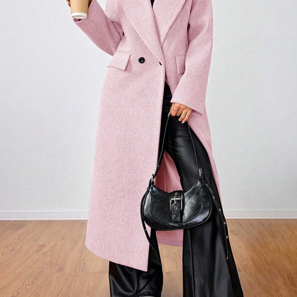 Baby Pink Casual Women's Lapel Long Coat - Picture 5 of 6